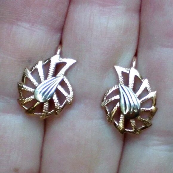 Russian USSR 14K 585 Two Tone Rose Pink White Gold Spider Web Filigree EARRINGS - Picture 3 of 6